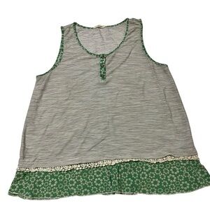 Hem & Thread Boho Tank Top Size Large Green Floral Stripe Lace Trim Sleeveless